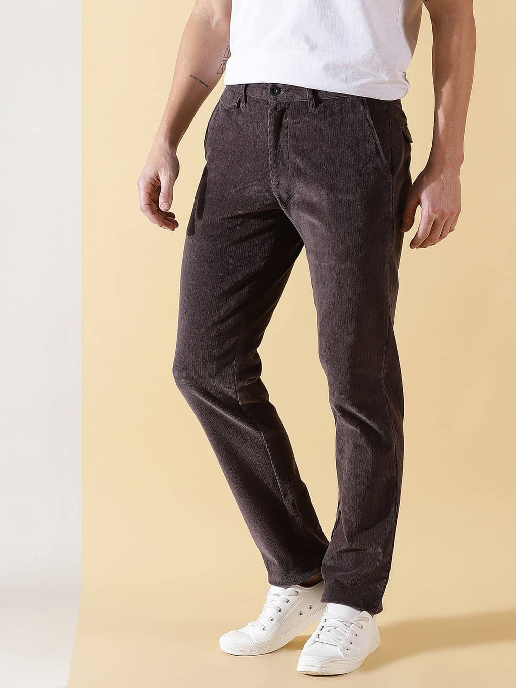 Thomas Scott Men Textured Smart Slim Fit Easy Wash Corduroy Chinos Trousers