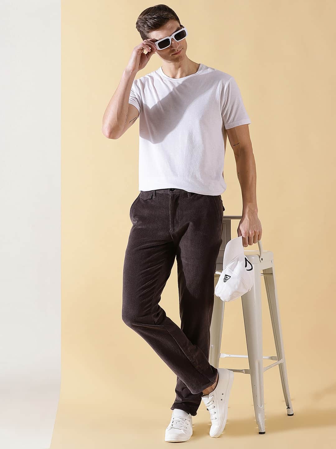 Thomas Scott Men Textured Smart Slim Fit Easy Wash Corduroy Chinos Trousers