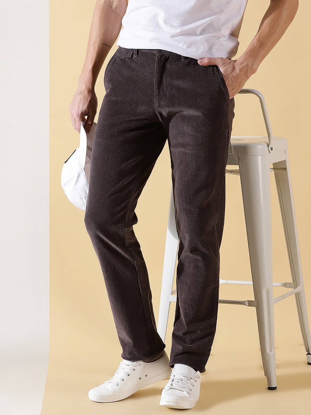 Thomas Scott Men Textured Smart Slim Fit Easy Wash Corduroy Chinos Trousers
