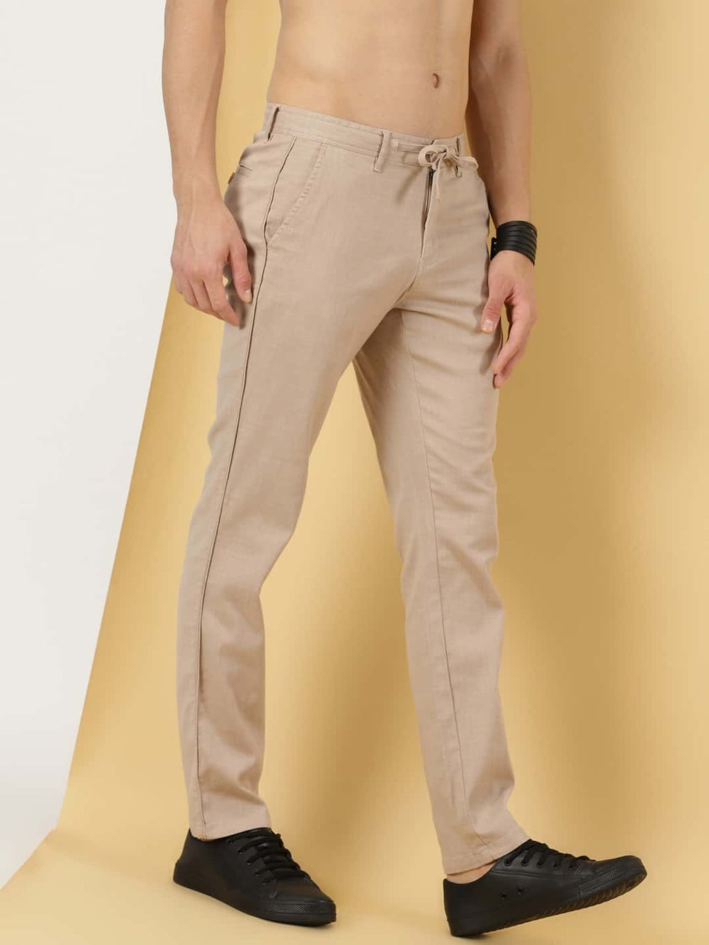 Thomas Scott Men Khaki Smart Linen Cotton Chinos Trousers