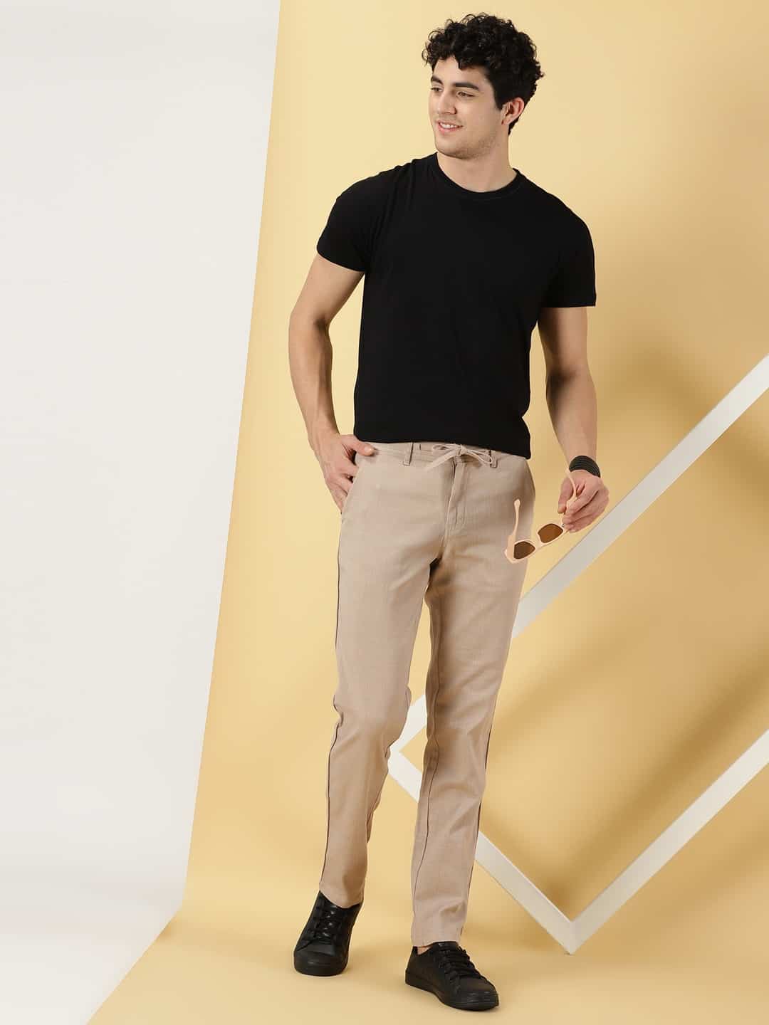 Thomas Scott Men Khaki Smart Linen Cotton Chinos Trousers
