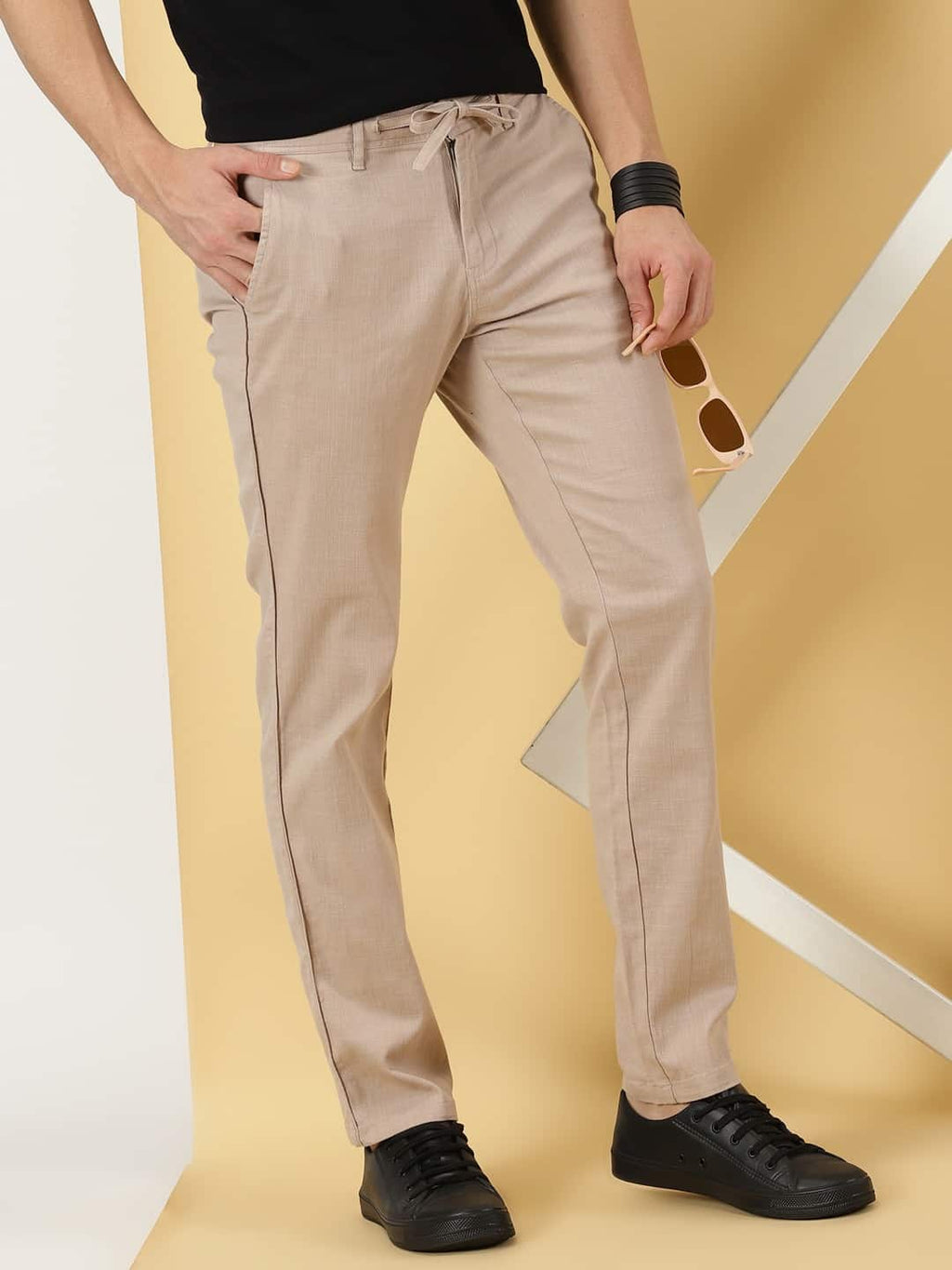 Thomas Scott Men Khaki Smart Linen Cotton Chinos Trousers