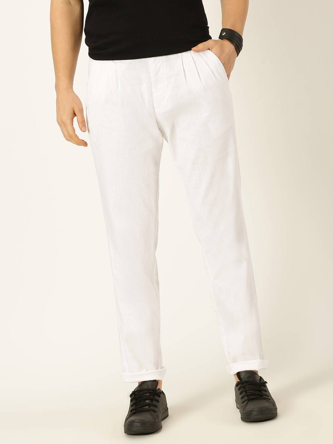 Thomas Scott Men Smart Pleated Linen Cotton Chinos Trousers