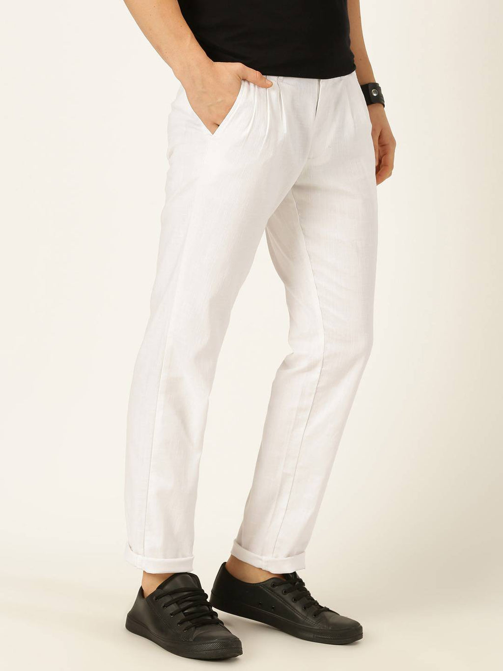 Thomas Scott Men Smart Pleated Linen Cotton Chinos Trousers