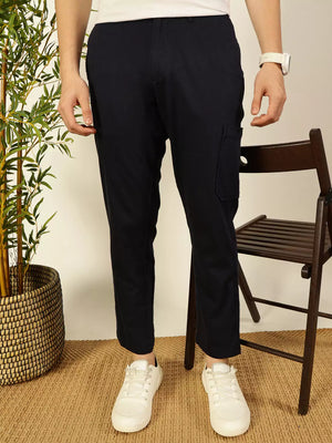 Thomas Scott Men Navy Blue Mid-Rise Straight Fit Cotton Linen Cargo Trouser