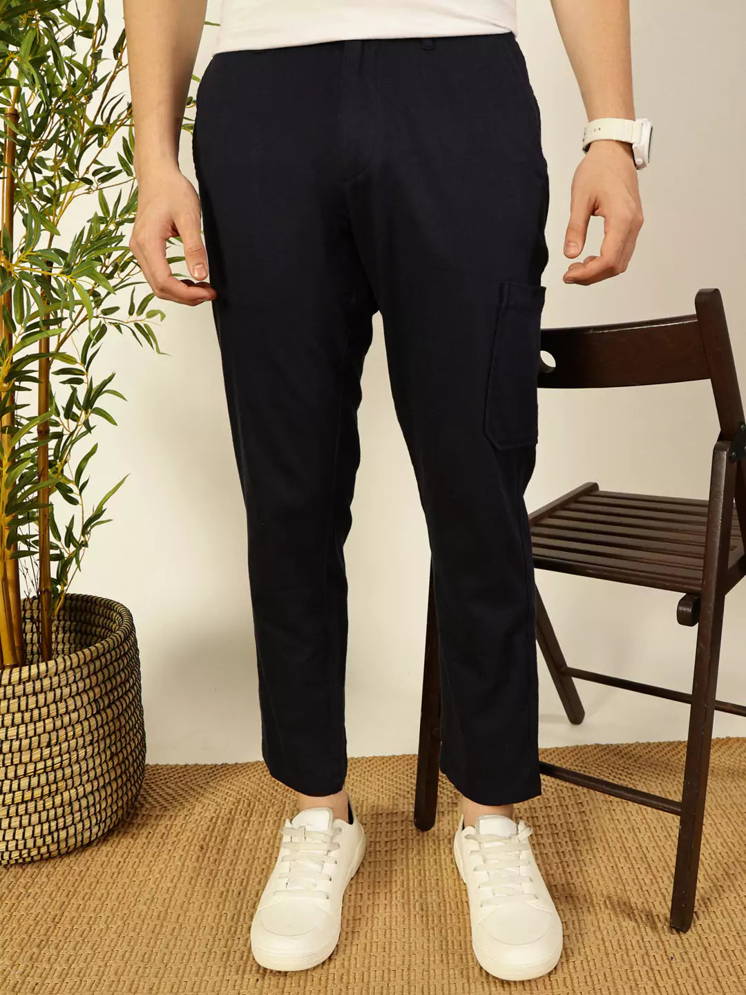 Thomas Scott Men Navy Blue Mid-Rise Straight Fit Cotton Linen Cargo Trouser