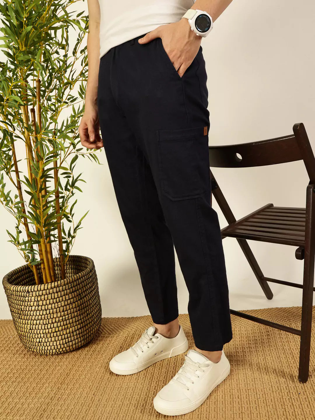 Thomas Scott Men Navy Blue Mid-Rise Straight Fit Cotton Linen Cargo Trouser