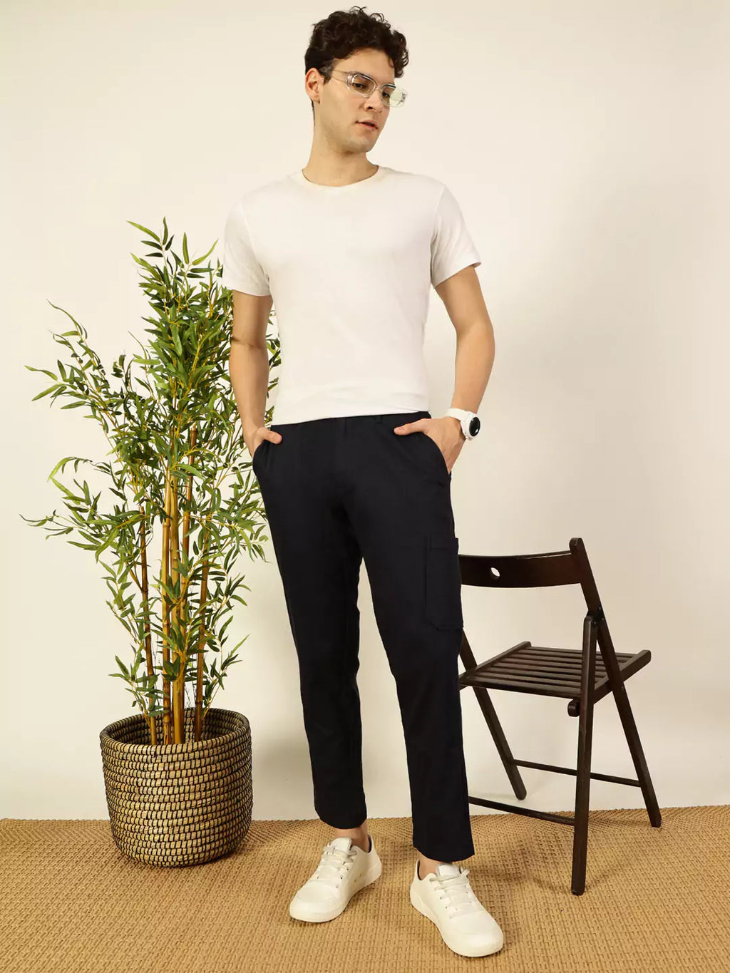 Thomas Scott Men Navy Blue Mid-Rise Straight Fit Cotton Linen Cargo Trouser