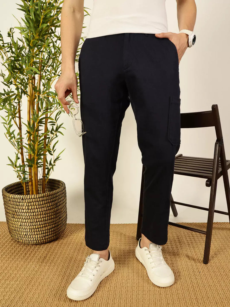 Thomas Scott Men Navy Blue Mid-Rise Straight Fit Cotton Linen Cargo Trouser