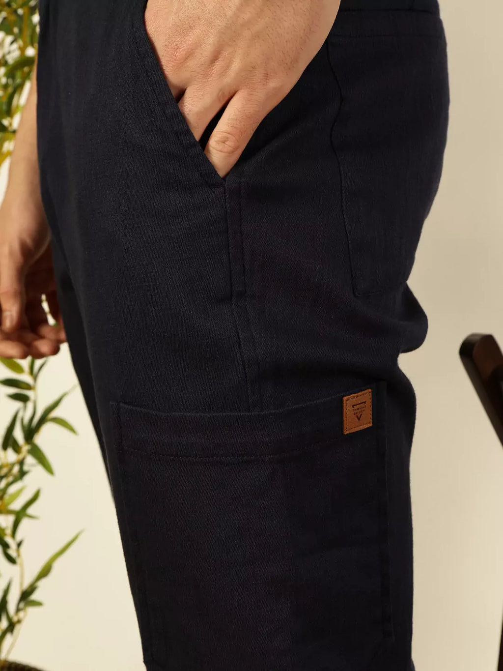 Thomas Scott Men Navy Blue Mid-Rise Straight Fit Cotton Linen Cargo Trouser