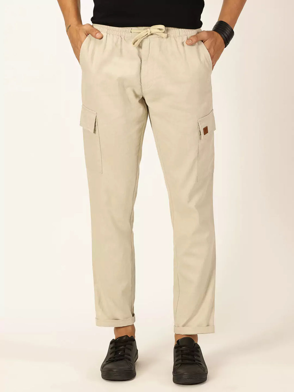 Thomas Scott Men Cream Mid-Rise Straight Fit Cotton Linen Woven Cargos Trouser