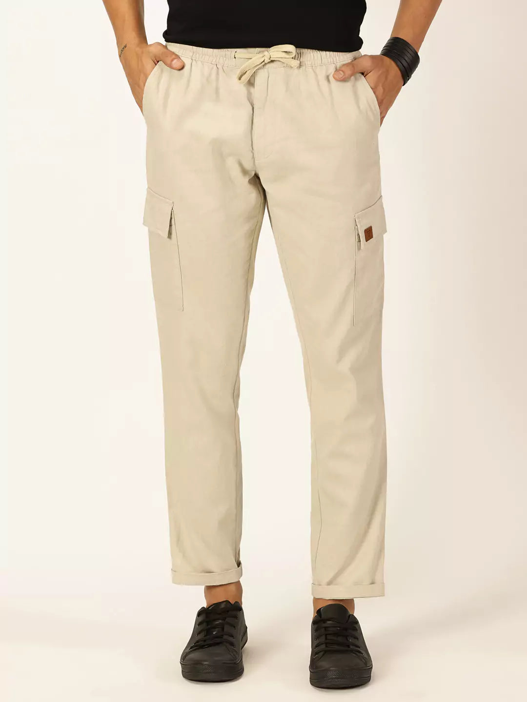 Thomas Scott Men Cream Mid-Rise Straight Fit Cotton Linen Woven Cargos Trouser