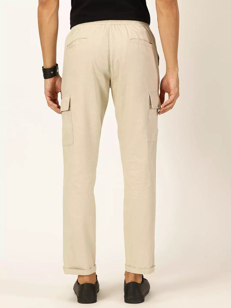 Thomas Scott Men Cream Mid-Rise Straight Fit Cotton Linen Woven Cargos Trouser