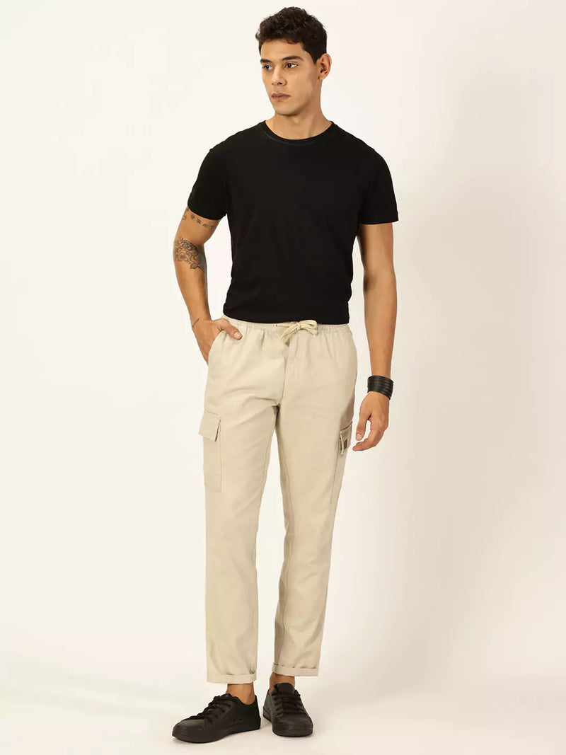 Thomas Scott Men Cream Mid-Rise Straight Fit Cotton Linen Woven Cargos Trouser