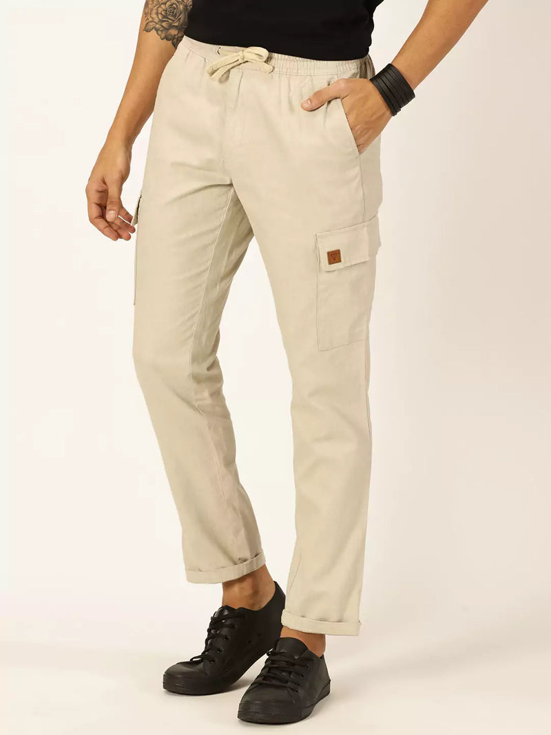 Thomas Scott Men Cream Mid-Rise Straight Fit Cotton Linen Woven Cargos Trouser
