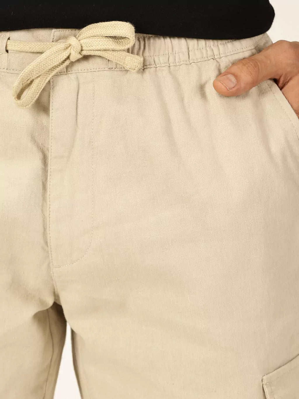 Thomas Scott Men Cream Mid-Rise Straight Fit Cotton Linen Woven Cargos Trouser