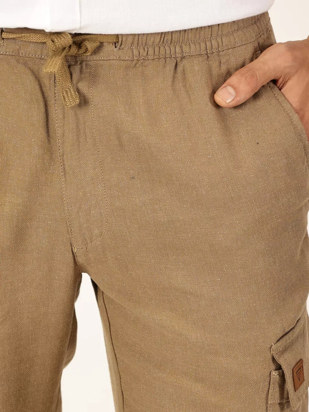 Thomas Scott Men Khaki Mid-Rise Straight Fit Cotton Linen Woven Cargos Trouser
