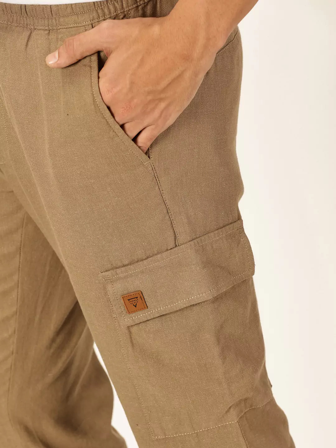 Thomas Scott Men Khaki Mid-Rise Straight Fit Cotton Linen Woven Cargos Trouser
