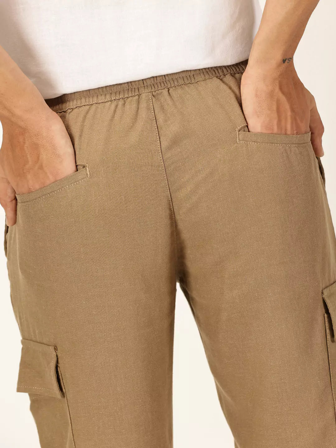 Thomas Scott Men Khaki Mid-Rise Straight Fit Cotton Linen Woven Cargos Trouser