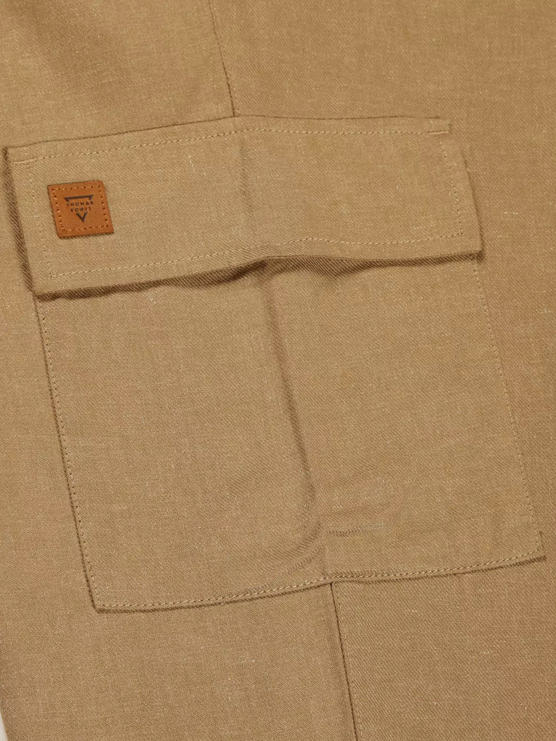 Thomas Scott Men Khaki Mid-Rise Straight Fit Cotton Linen Woven Cargos Trouser