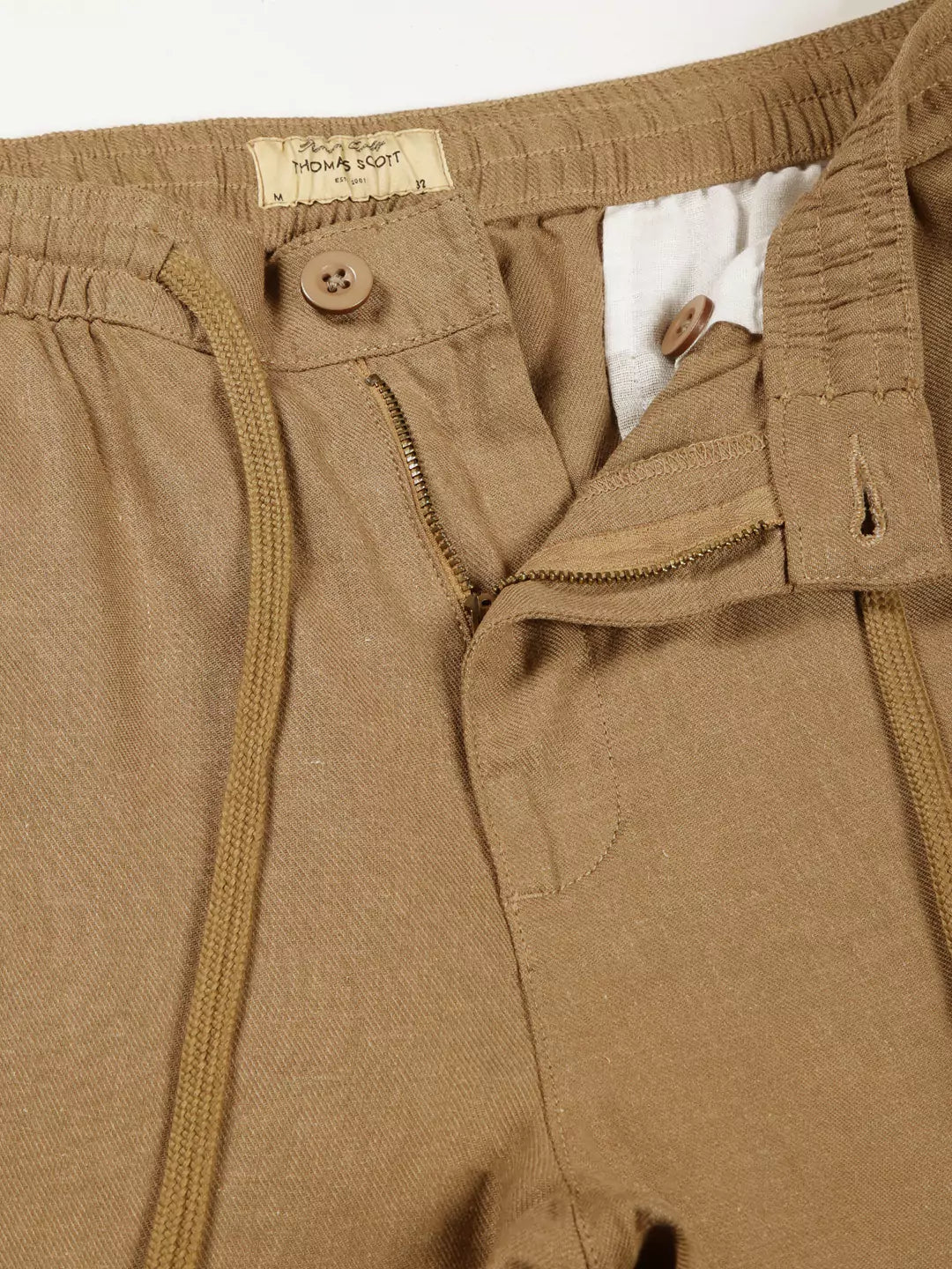 Thomas Scott Men Khaki Mid-Rise Straight Fit Cotton Linen Woven Cargos Trouser