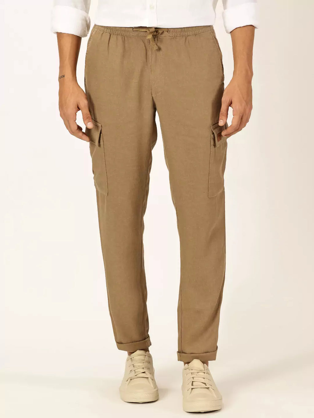Thomas Scott Men Khaki Mid-Rise Straight Fit Cotton Linen Woven Cargos Trouser