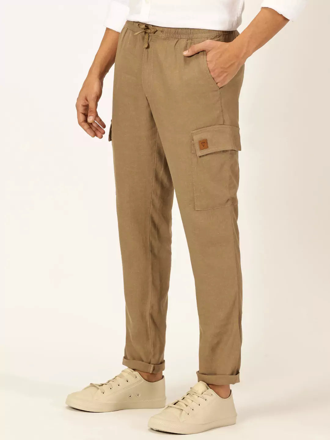 Thomas Scott Men Khaki Mid-Rise Straight Fit Cotton Linen Woven Cargos Trouser