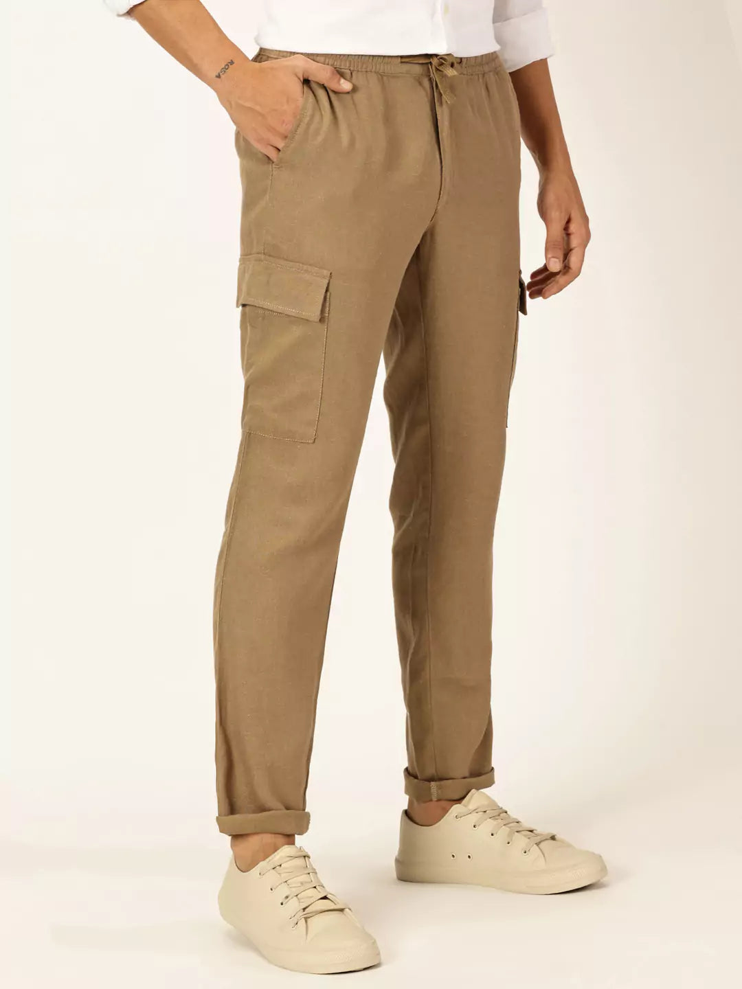 Thomas Scott Men Khaki Mid-Rise Straight Fit Cotton Linen Woven Cargos Trouser
