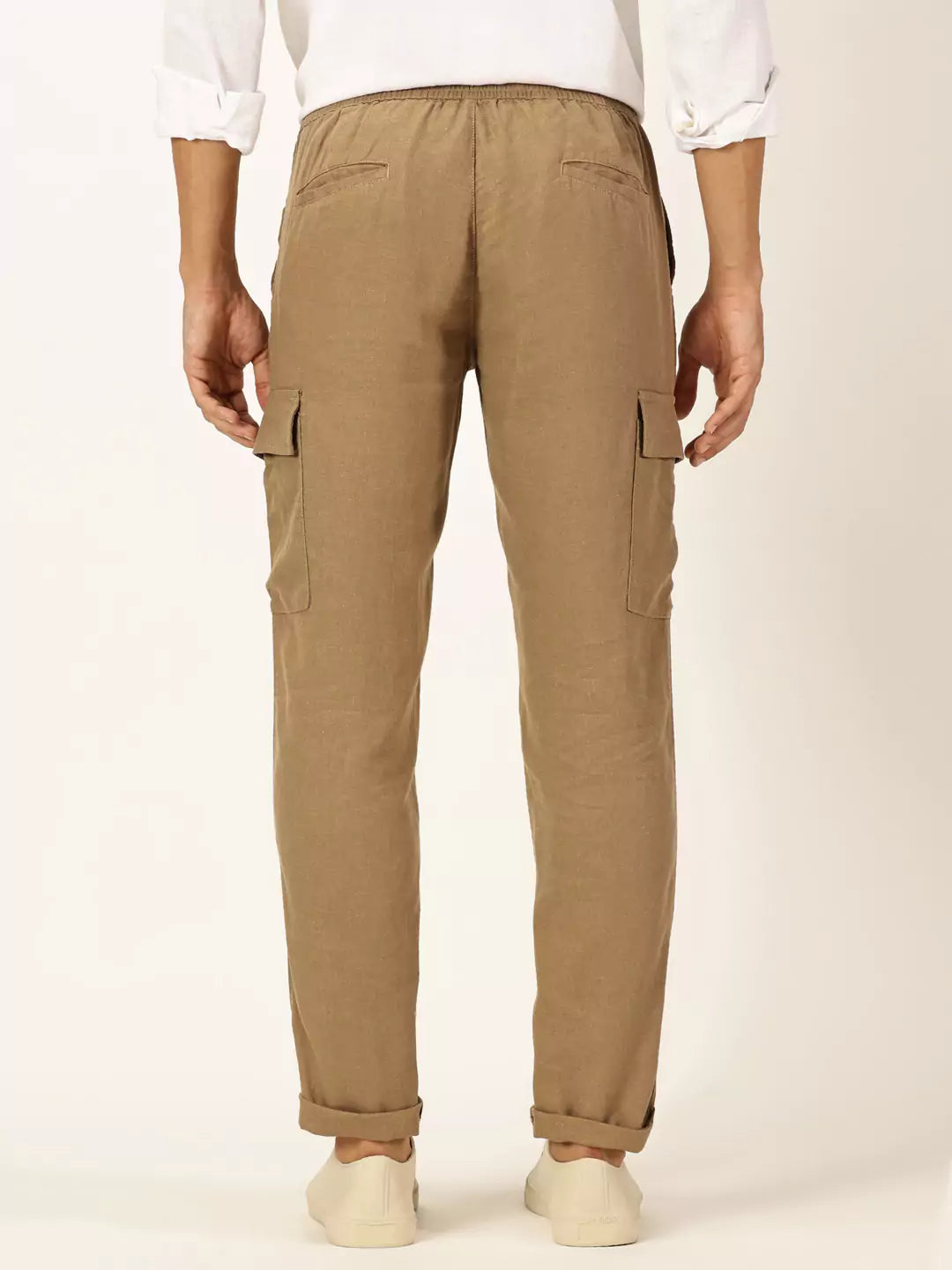 Thomas Scott Men Khaki Mid-Rise Straight Fit Cotton Linen Woven Cargos Trouser