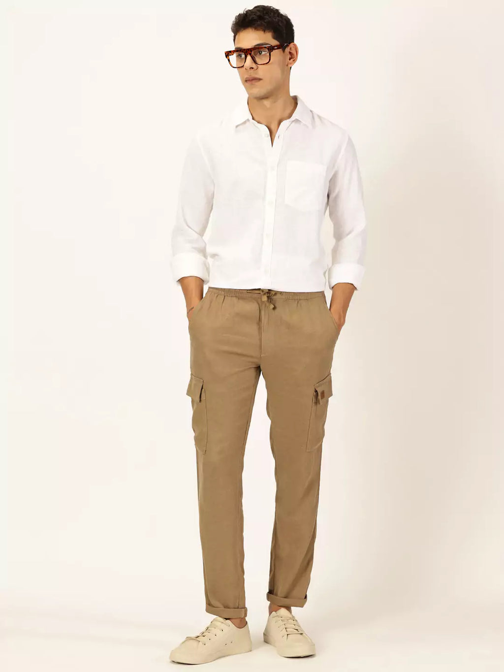 Thomas Scott Men Khaki Mid-Rise Straight Fit Cotton Linen Woven Cargos Trouser