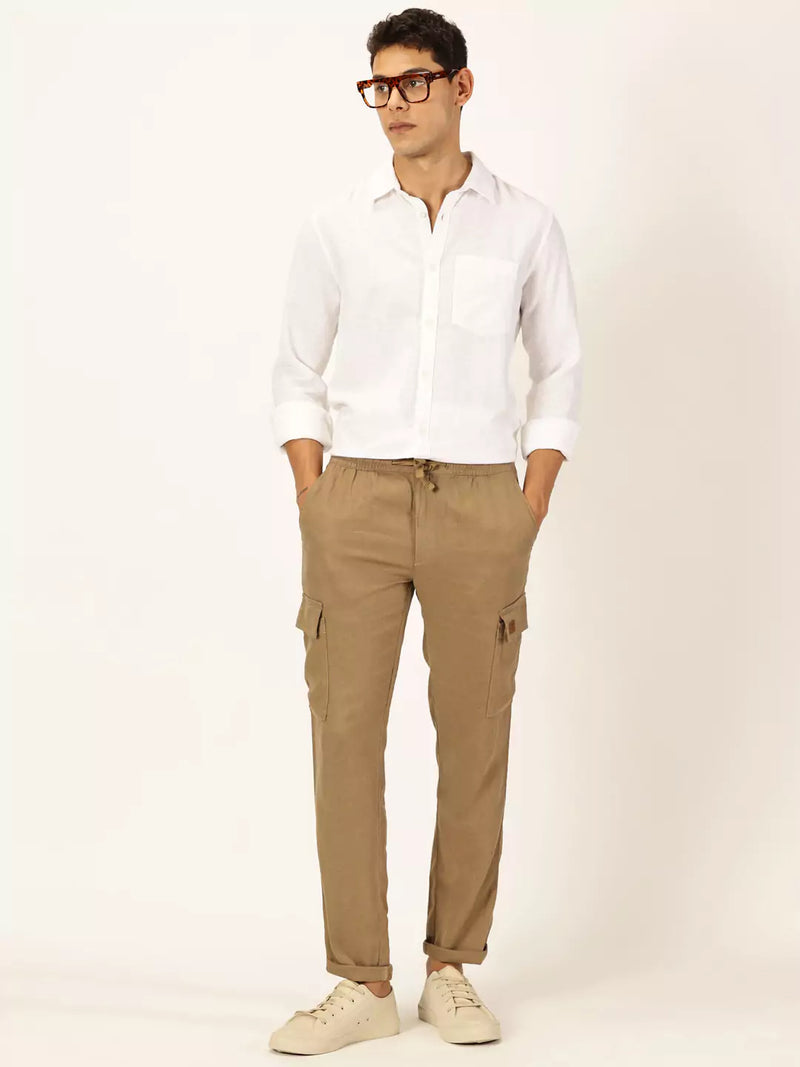 Thomas Scott Men Khaki Mid-Rise Straight Fit Cotton Linen Woven Cargos Trouser