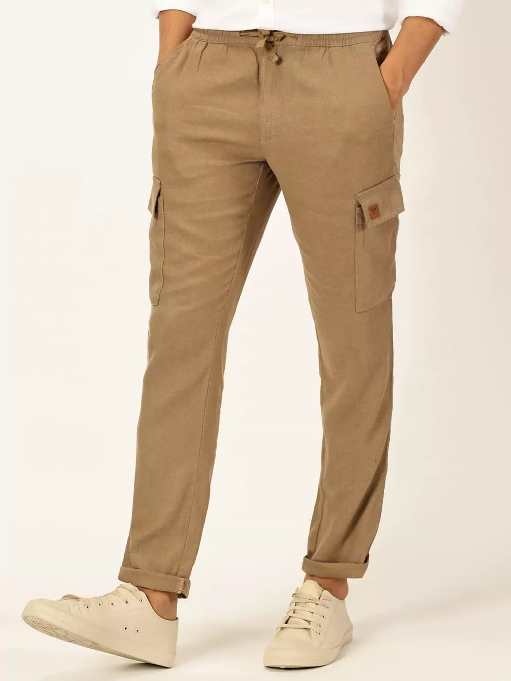 Thomas Scott Men Khaki Mid-Rise Straight Fit Cotton Linen Woven Cargos Trouser