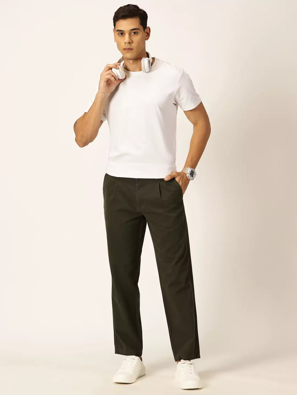 Thomas Scott Men Smart Straight Fit Mid-Rise Easy Wash Chinos Pure Cotton Trousers