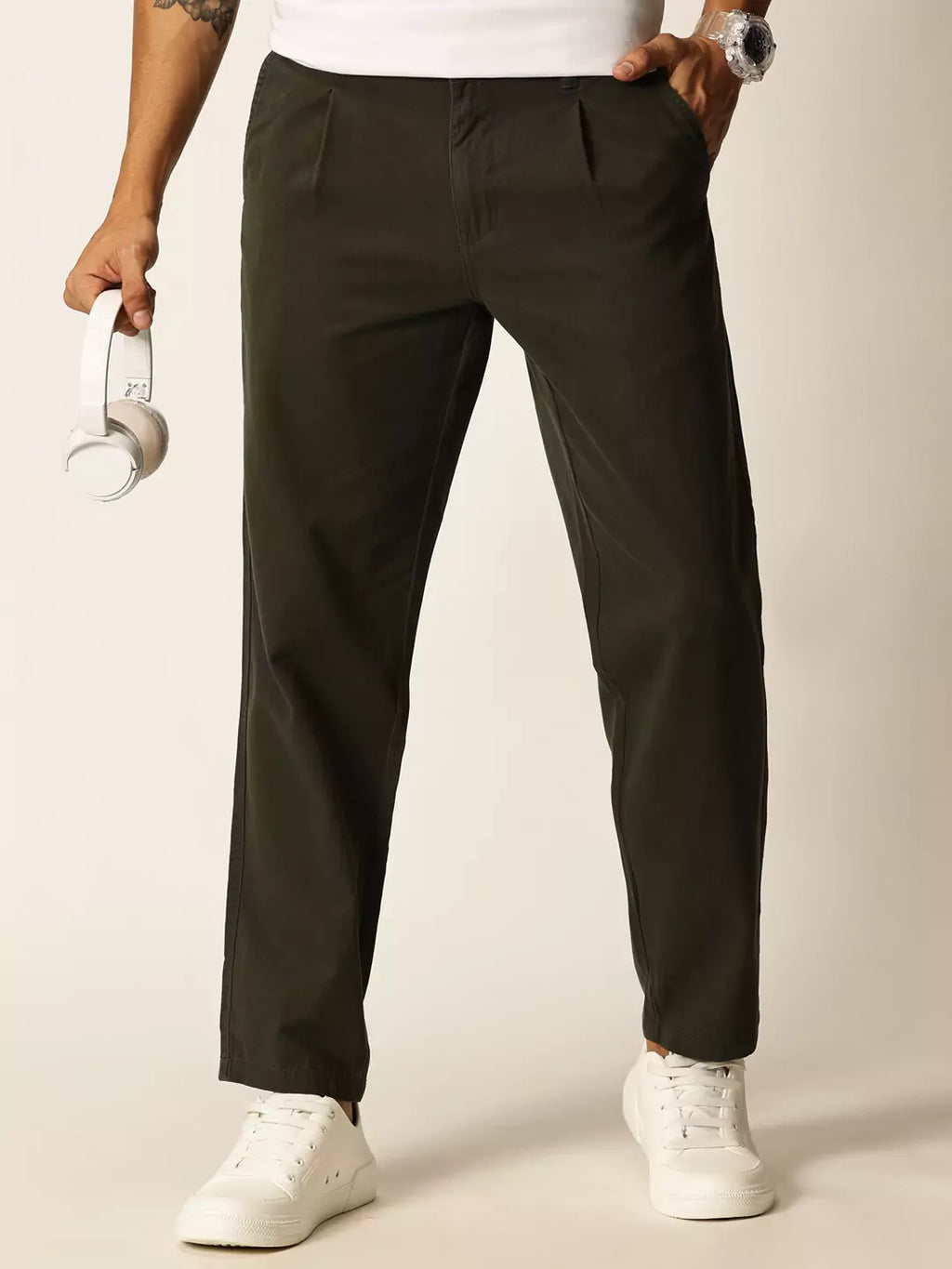 Thomas Scott Men Smart Straight Fit Mid-Rise Easy Wash Chinos Pure Cotton Trousers