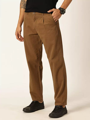Dark Khaki Smart Straight Fit Easy Wash Pure Cotton Trouser For Men