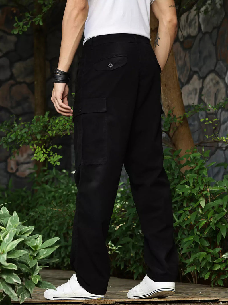 Thomas Scott Men Black Mid-Rise Straight Fit Woven Cargo Trouser