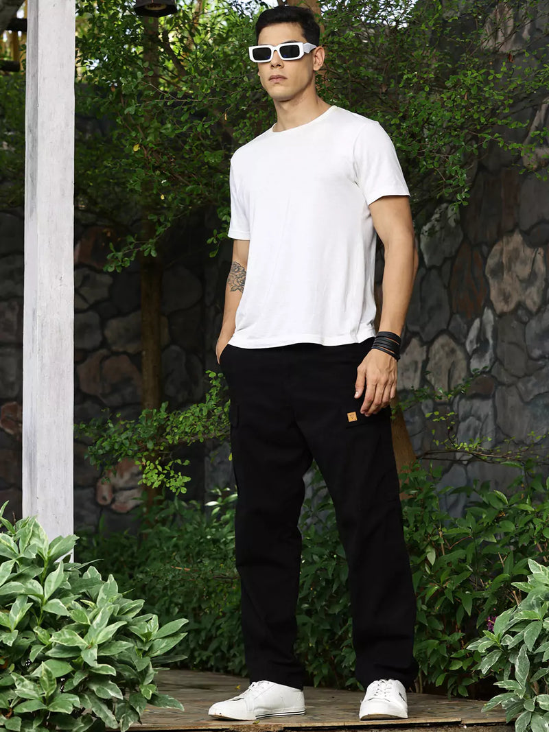 Thomas Scott Men Black Mid-Rise Straight Fit Woven Cargo Trouser