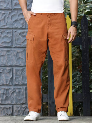 Thomas Scott Men Rust Mid-Rise Straight Fit Woven Cargo Trousers
