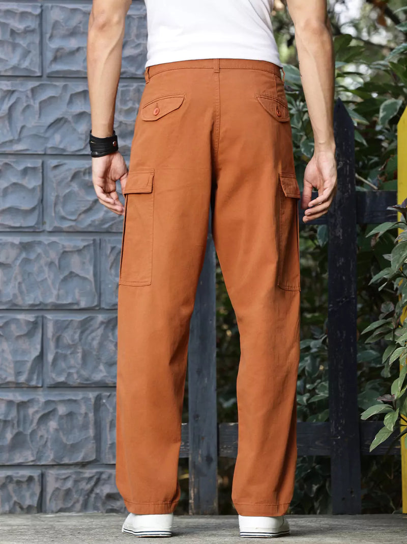 Thomas Scott Men Rust Mid-Rise Straight Fit Woven Cargo Trousers