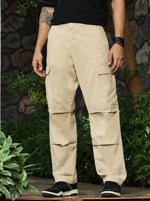 Thomas Scott Men Classic Straight Fit Mid-Rise Pure Cotton Easy Wash Cargos Trousers