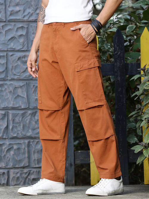 Thomas Scott Men Classic Straight Fit Mid-Rise Easy Wash Pure Cotton Cargos Trousers