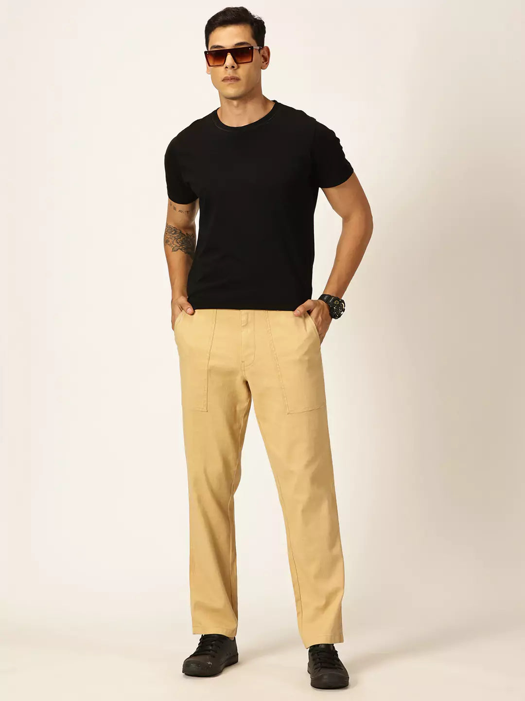 Thomas Scott Men Smart Regular Fit Mid-Rise Easy Wash Linen Chinos Trousers