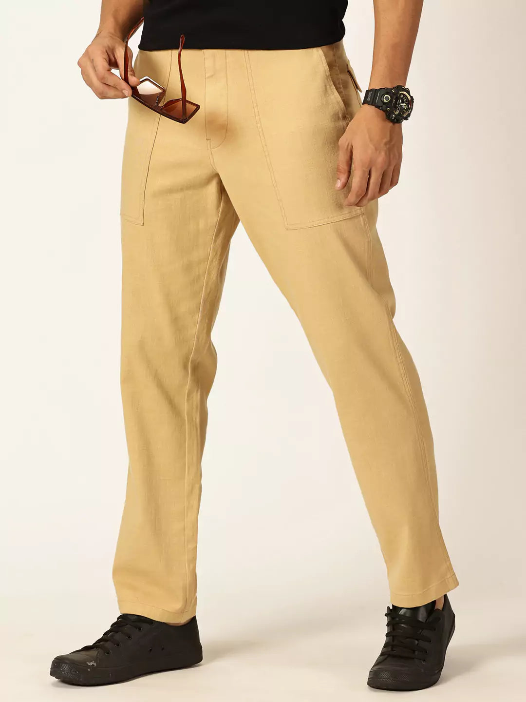 Thomas Scott Men Smart Regular Fit Mid-Rise Easy Wash Linen Chinos Trousers
