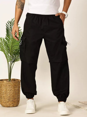 Thomas Scott Men Black Mid-Rise Regular Fit Parashute Cargos Trousers