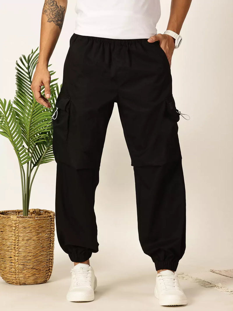 Thomas Scott Men Black Mid-Rise Regular Fit Parashute Cargos Trousers