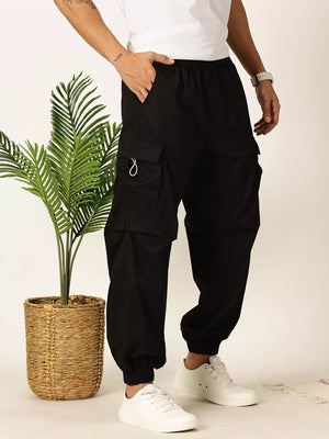 Thomas Scott Men Black Mid-Rise Regular Fit Parashute Cargos Trousers