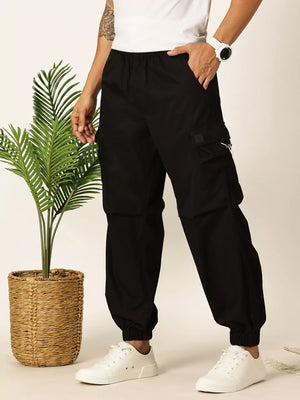 Thomas Scott Men Black Mid-Rise Regular Fit Parashute Cargos Trousers