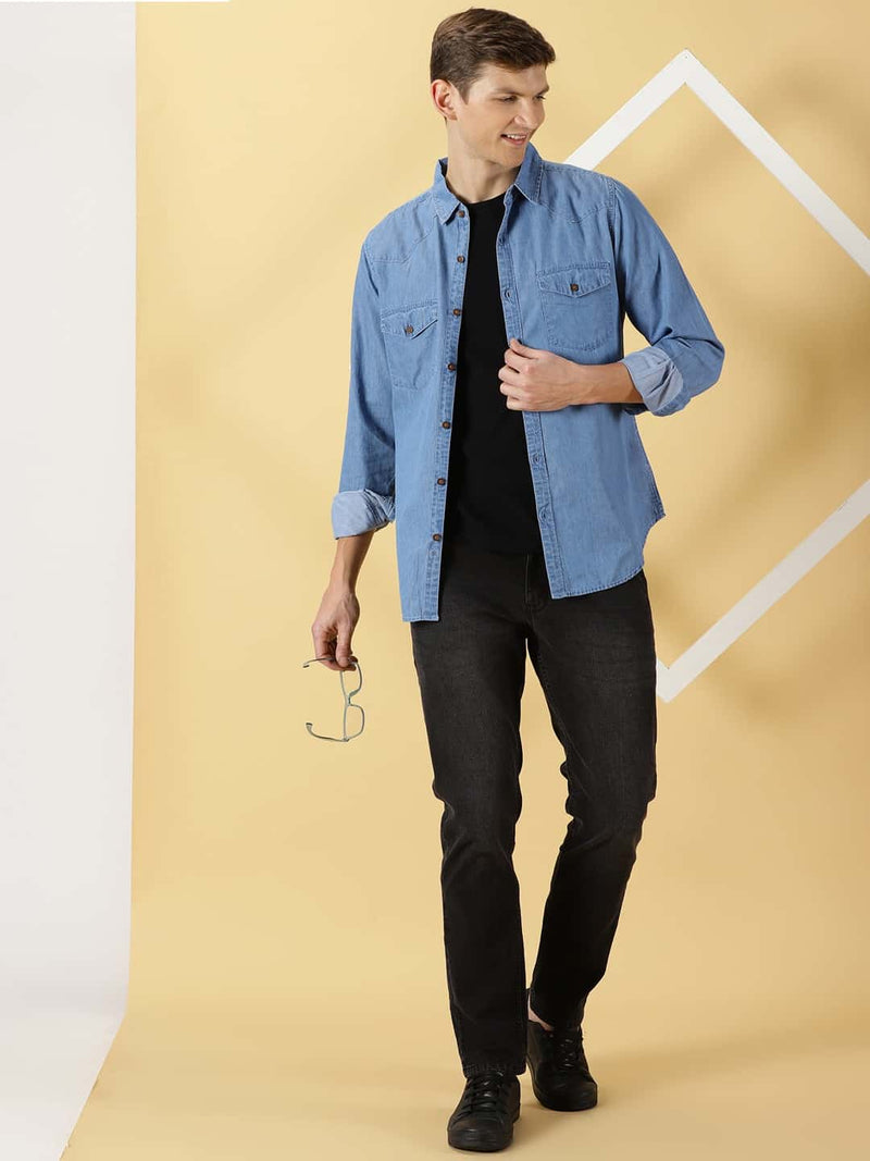 Thomas Scott Men Smart Slim Fit Pure Cotton Denim Casual Overdyed Shirt