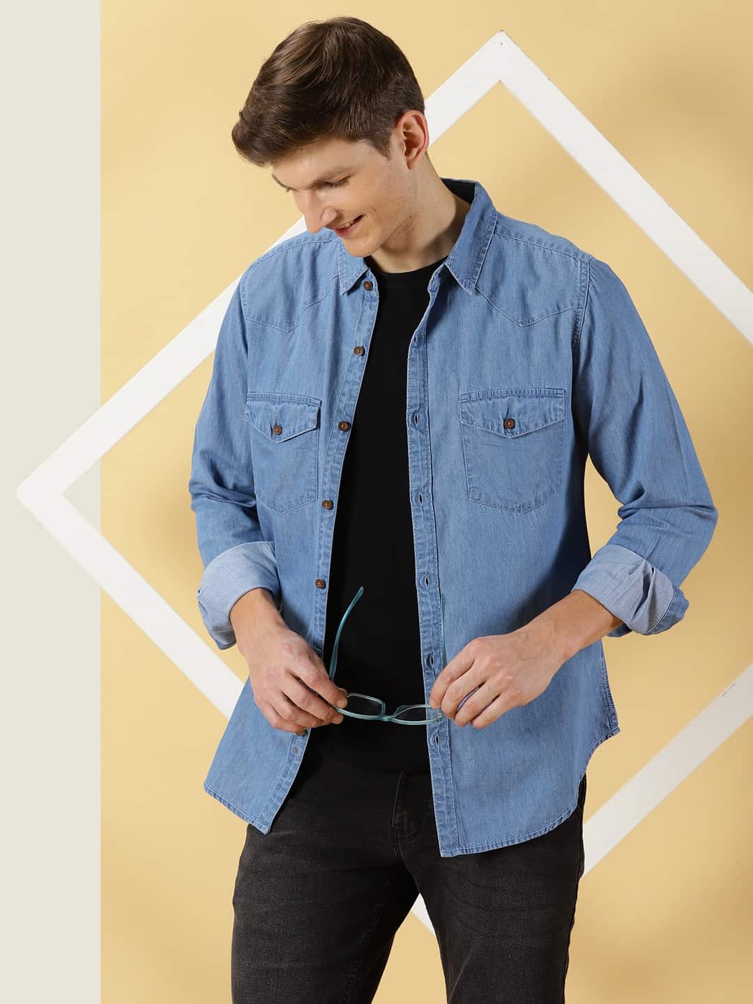 Thomas Scott Men Smart Slim Fit Pure Cotton Denim Casual Overdyed Shirt