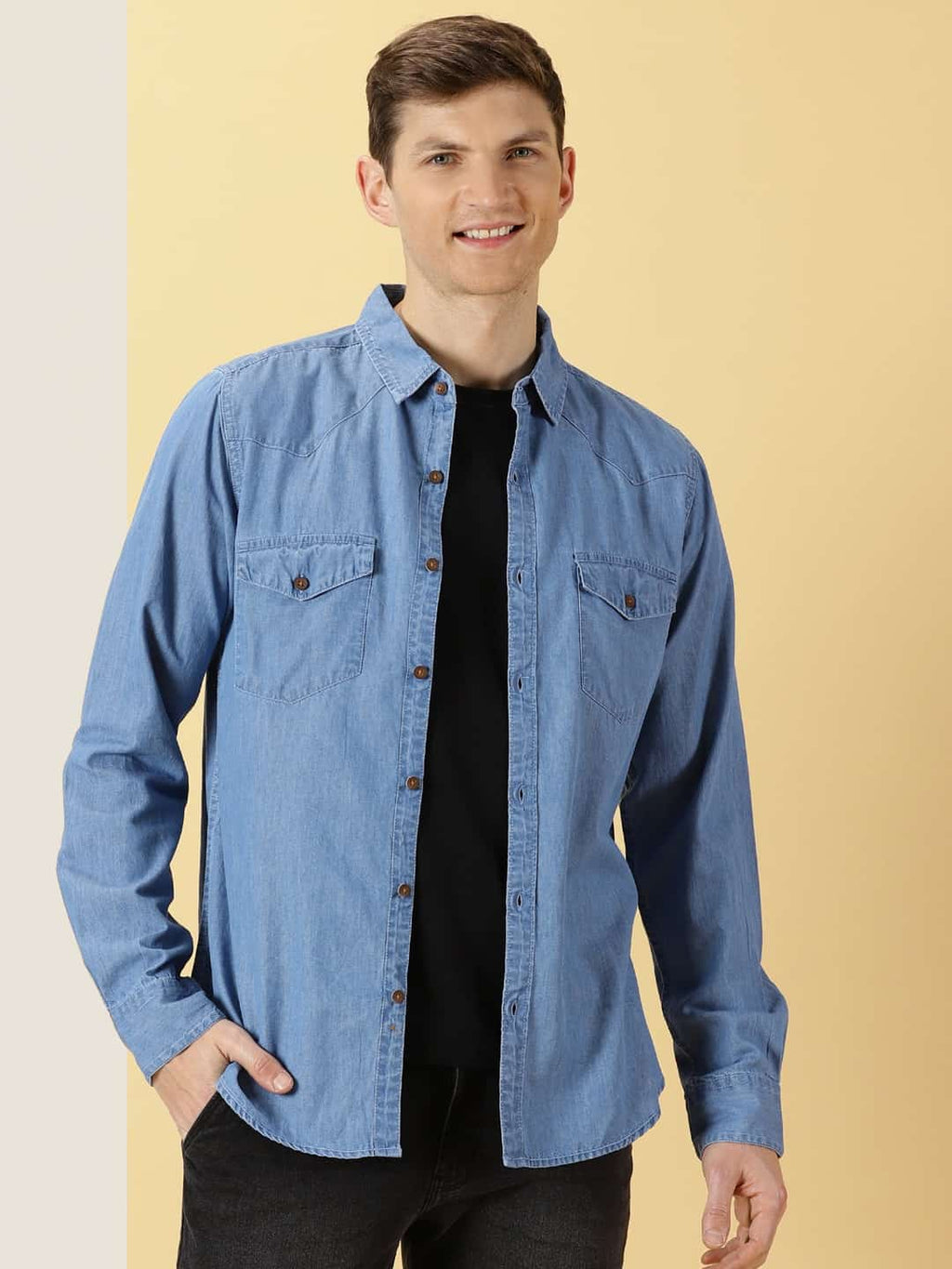 Thomas Scott Men Smart Slim Fit Pure Cotton Denim Casual Overdyed Shirt